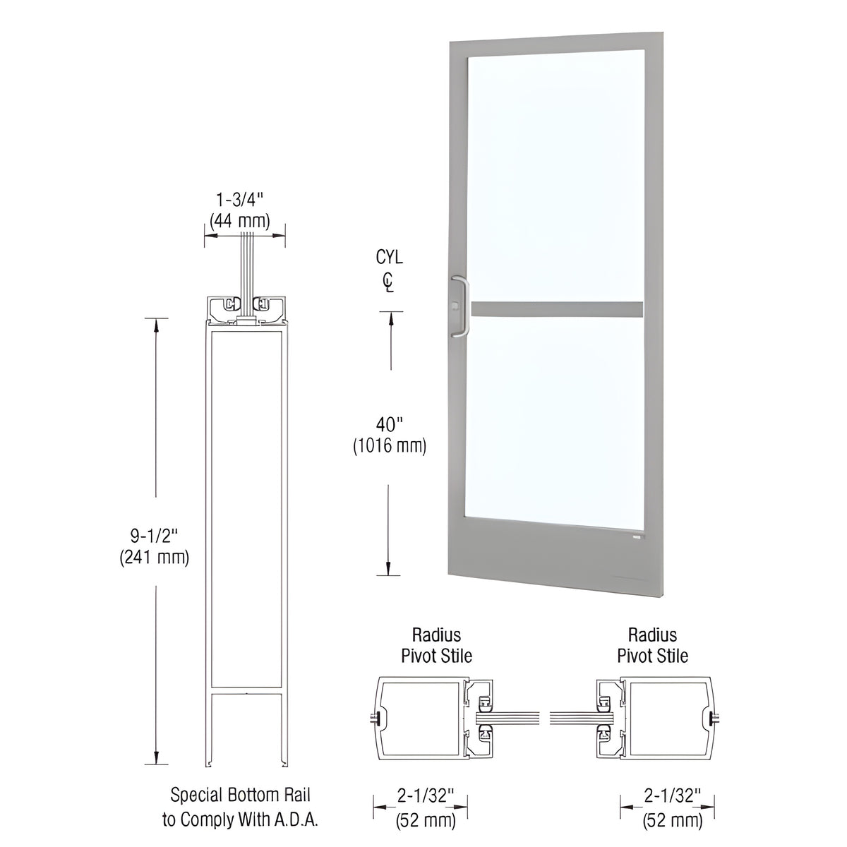 CRL-U.S. Aluminum Clear Anodized Custom Single Series 250 Narrow Stile Center Pivot Entrance Door With Panic for Overhead Concealed Door Closer