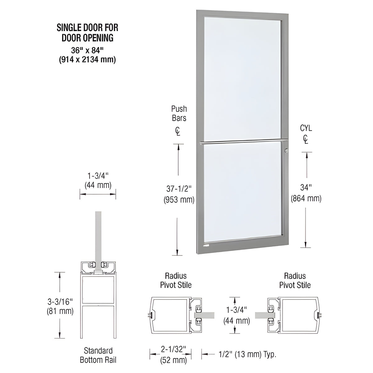 CRL-U.S. Aluminum Clear Anodized Custom Single Series 250 Narrow Stile Center Pivot Entrance Door for Overhead Concealed Door Closer