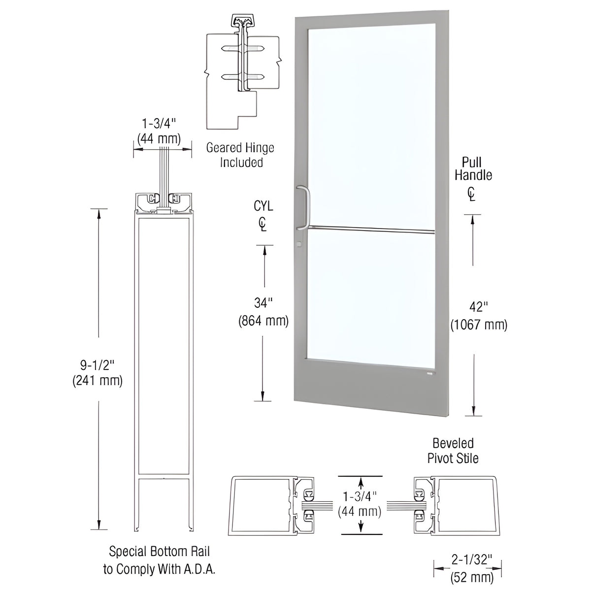 CRL-U.S. Aluminum Clear Anodized Custom Single Series 250 Narrow Stile Geared Hinge Entrance Door for Surface Mount Door Closer