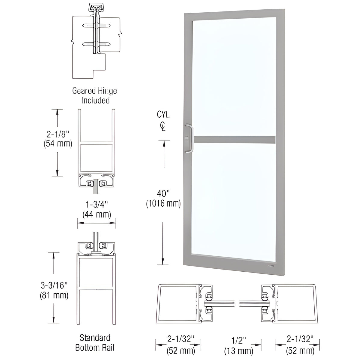 CRL-U.S. Aluminum Clear Anodized Custom Single Series 250 Narrow Stile Geared Hinge Entrance Door for Panic and Surface Mount Door Closer