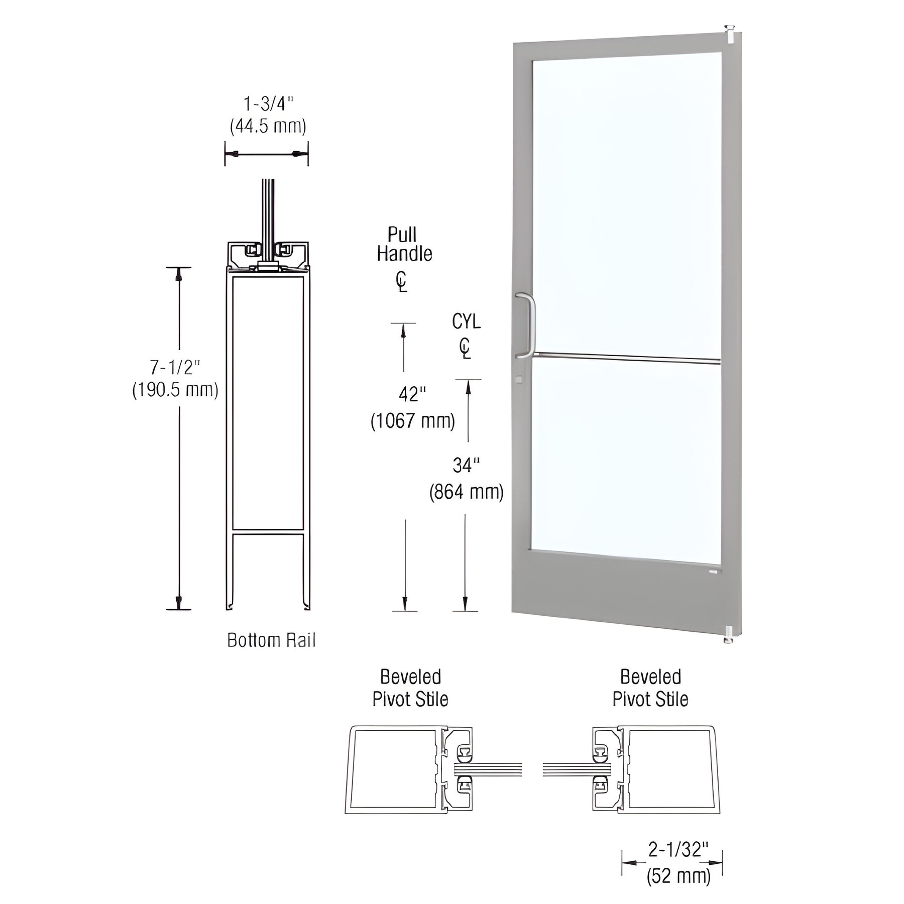 CRL-U.S. Aluminum Clear Anodized Custom Single Series 250 Narrow Stile Offset Pivot Entrance Door for Surface Mount Door Closer