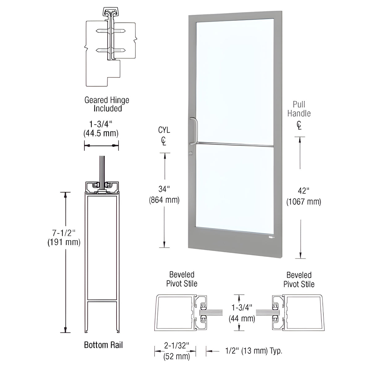 CRL-U.S. Aluminum Clear Anodized Custom Single Series 250 Narrow Stile Geared Hinge Entrance Door for Surface Mount Door Closer