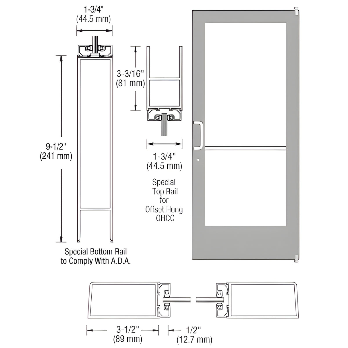 CRL-U.S. Aluminum Clear Anodized Custom Single Series 400 Medium Stile Offset Pivot Entrance Door for Overhead Concealed Door Closer