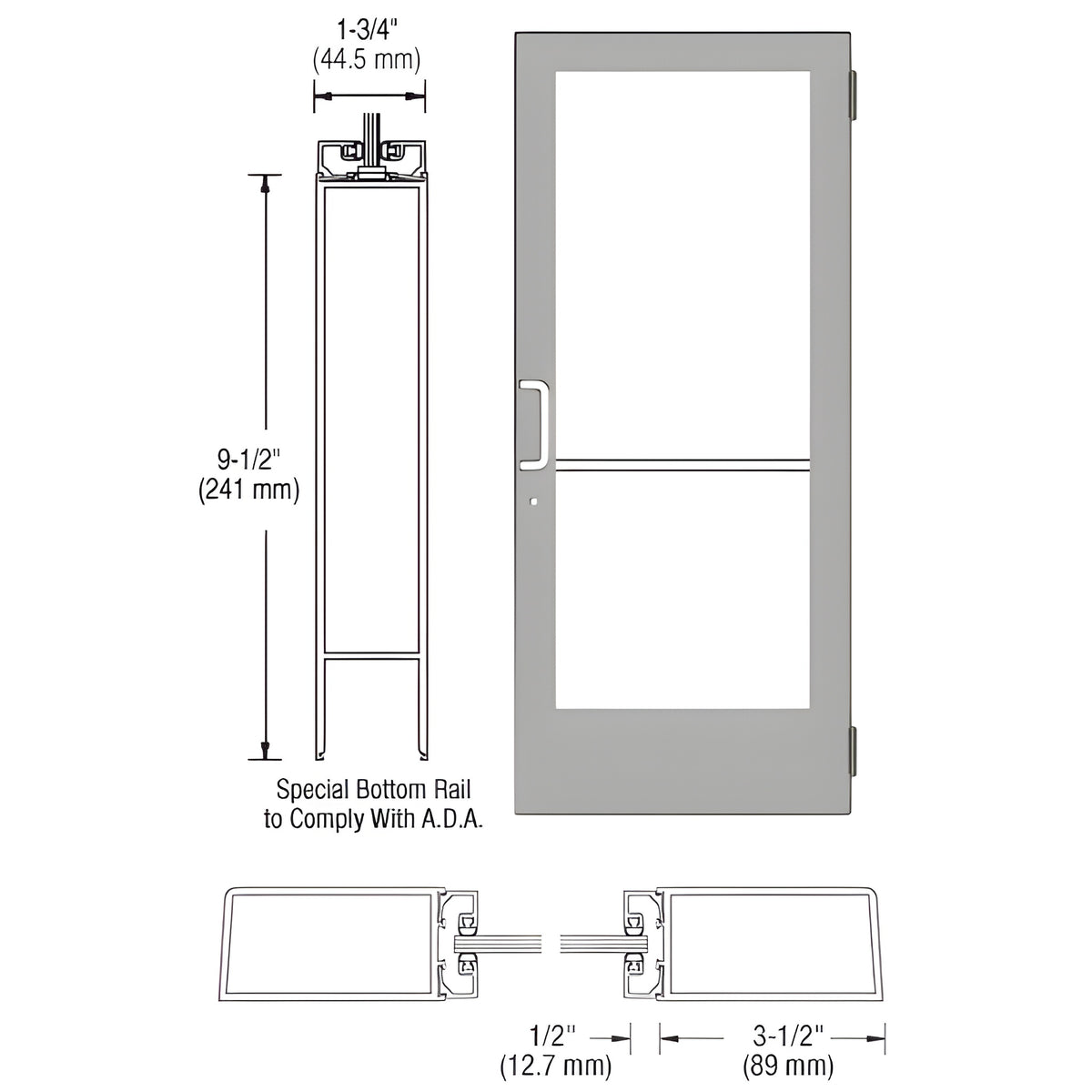 CRL-U.S. Aluminum Clear Anodized Custom Single Series 400 Medium Stile Butt Hinged Entrance Door for Surface Mount Door Closer