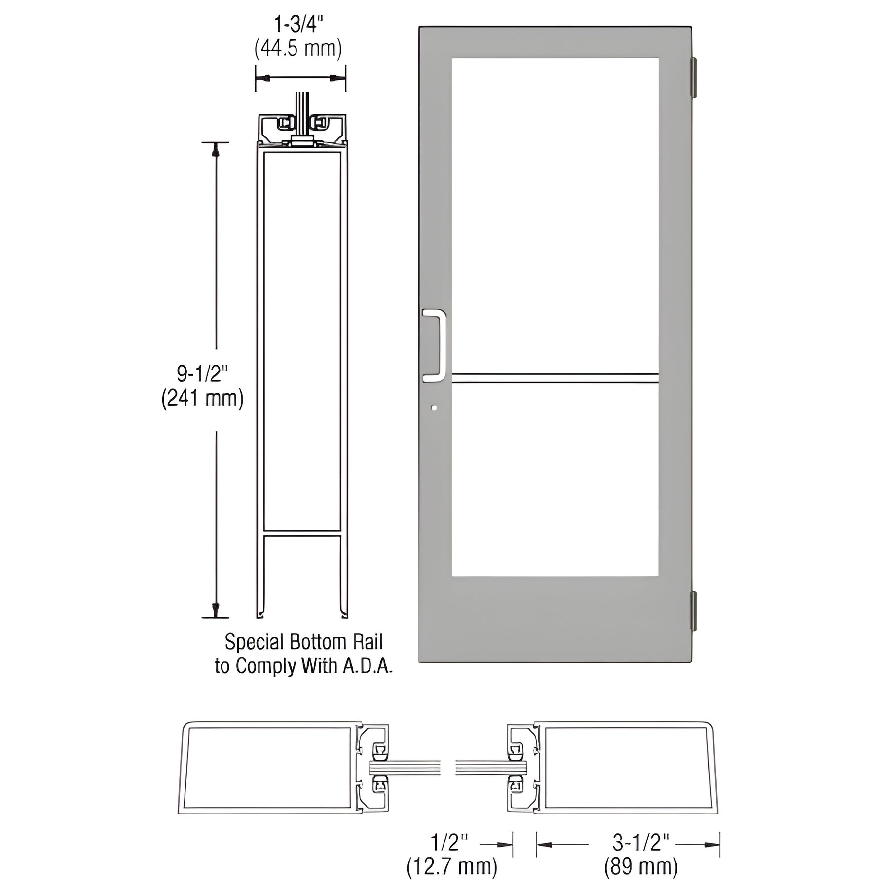 CRL-U.S. Aluminum Clear Anodized Custom Single Series 400 Medium Stile Butt Hinged Entrance Door for Surface Mount Door Closer