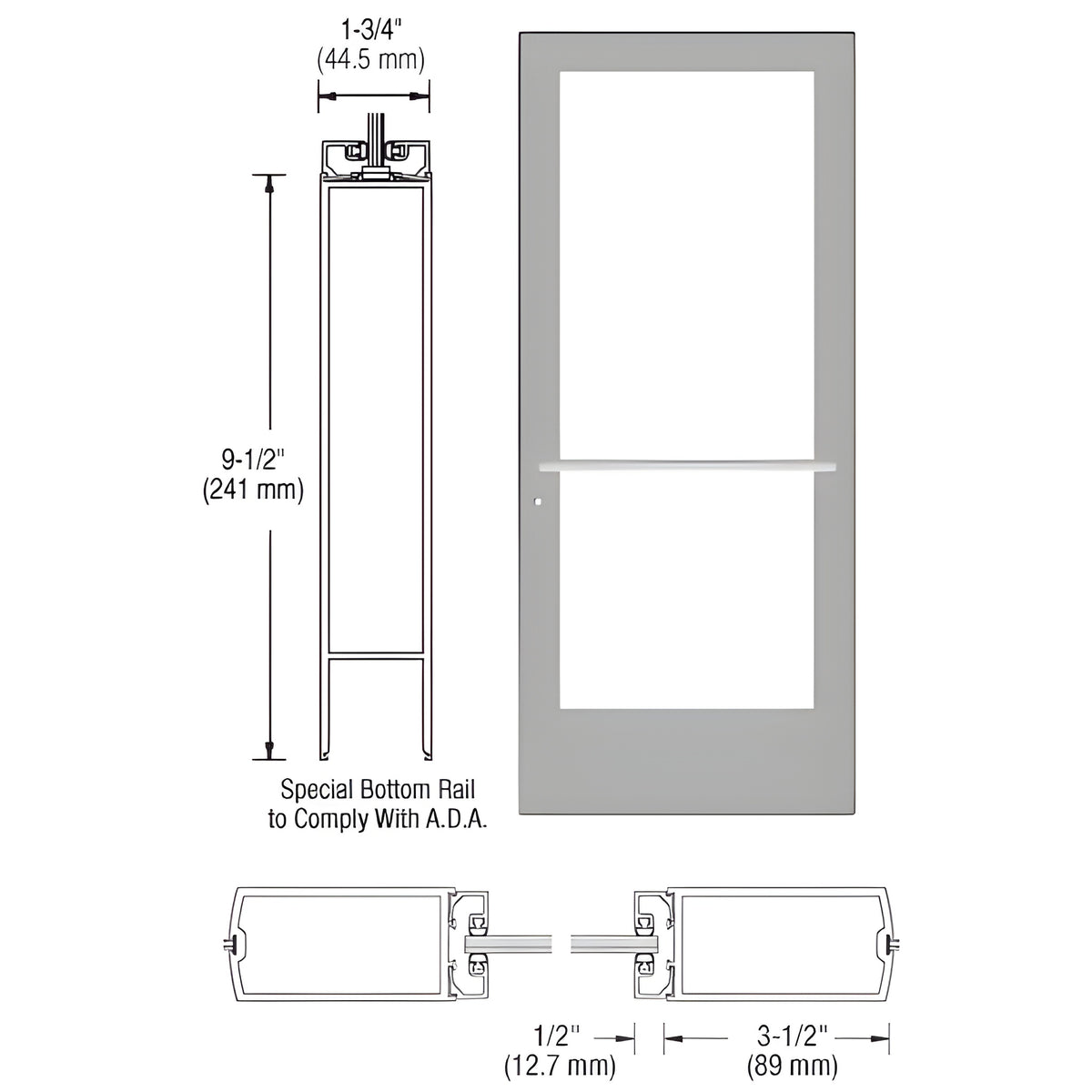 CRL-U.S. Aluminum Clear Anodized Custom Single Series 400 Medium Stile Center Pivot Entrance Door for Overhead Concealed Door Closer