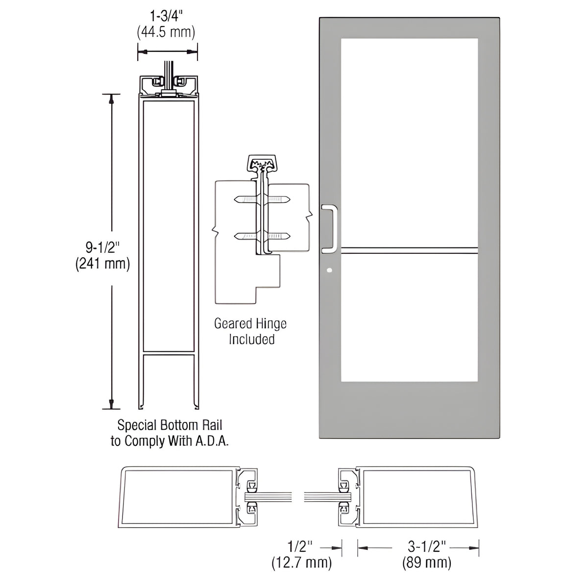CRL-U.S. Aluminum Clear Anodized Custom Single Series 400 Medium Stile Geared Hinge Entrance Door for Surface Mount Door Closer