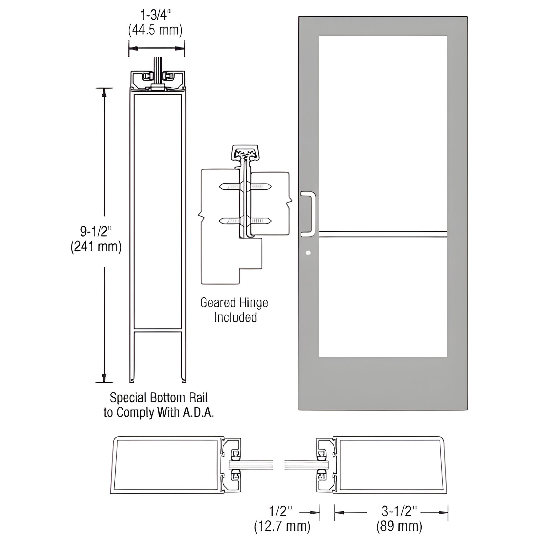CRL-U.S. Aluminum Clear Anodized Custom Single Series 400 Medium Stile Geared Hinge Entrance Door for Surface Mount Door Closer