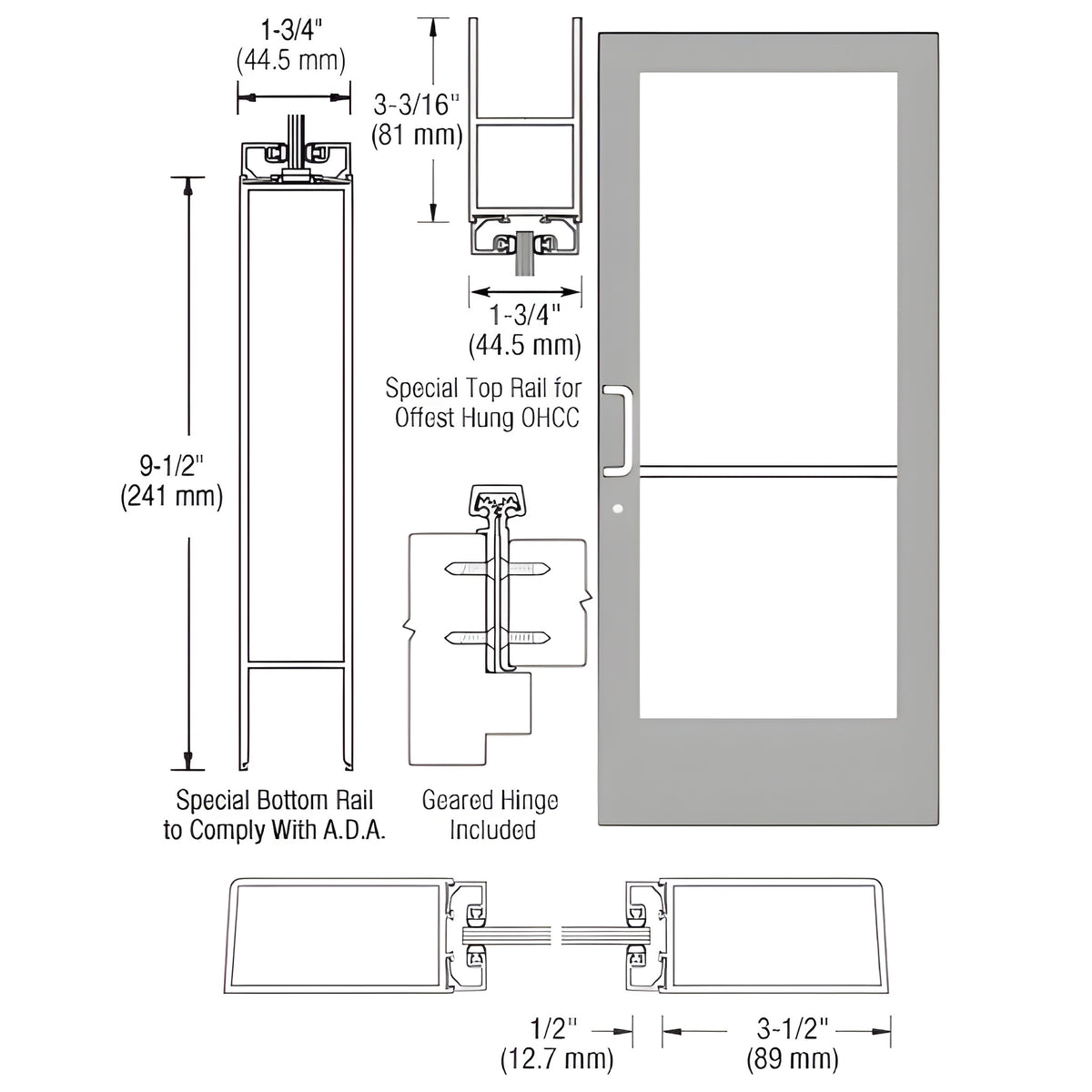 CRL-U.S. Aluminum Clear Anodized Custom Single Series 400 Medium Stile Geared Hinge Entrance Door for Overhead Concealed Door Closer