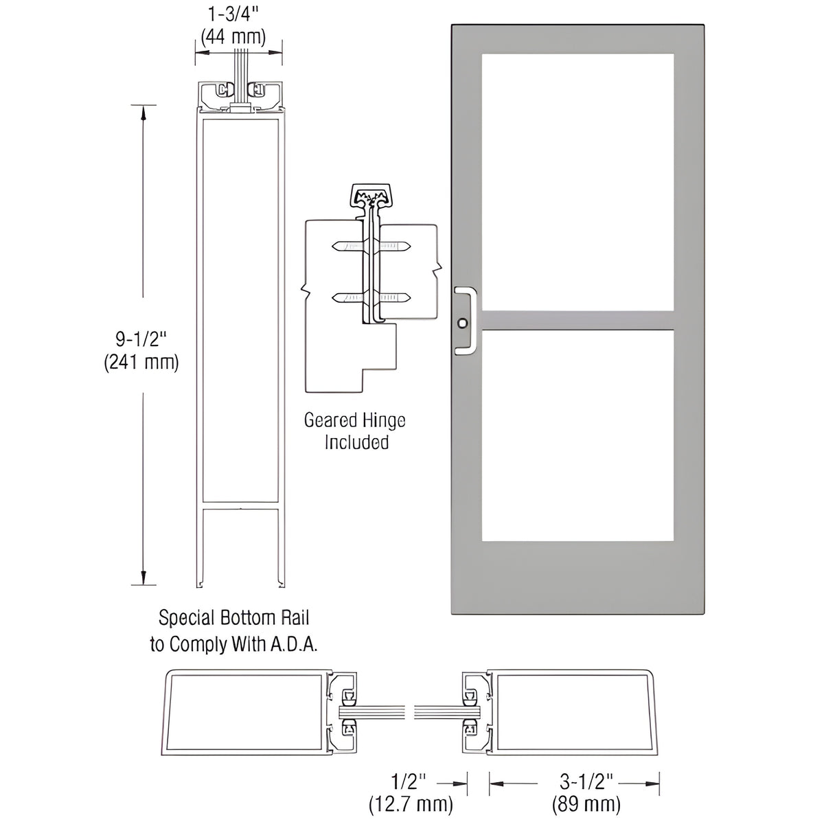CRL-U.S. Aluminum Clear Anodized Custom Single Series 400 Medium Stile Geared Hinge Entrance Door With Rim Device for Surface Mount Door Closer