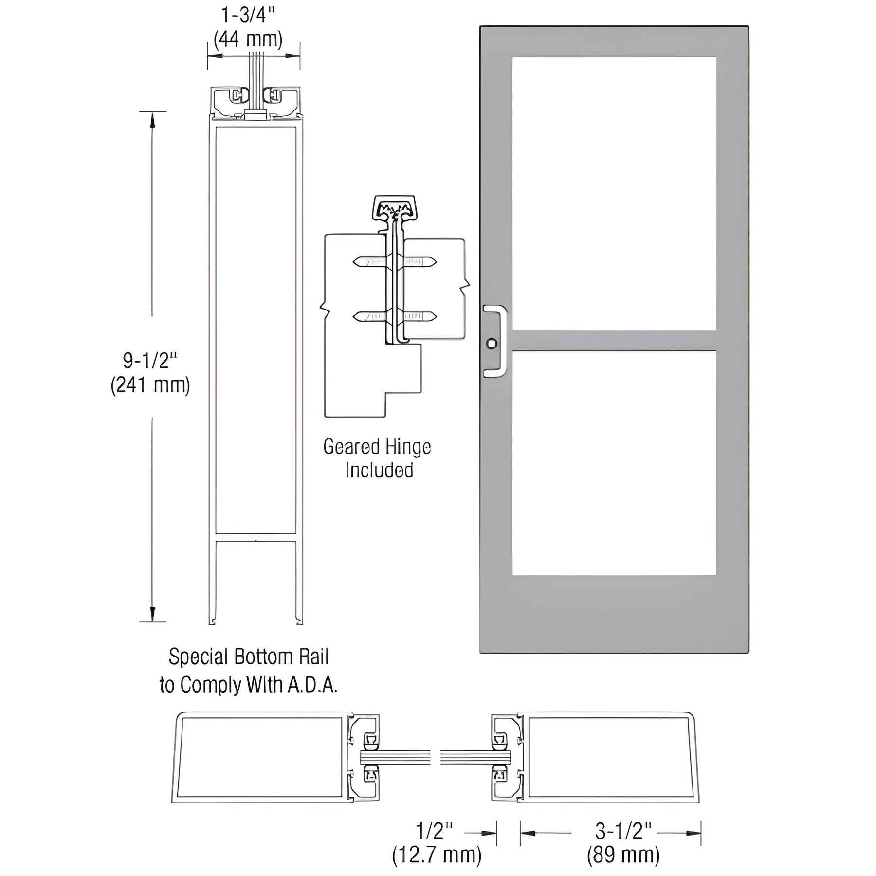 CRL-U.S. Aluminum Clear Anodized Custom Single Series 400 Medium Stile Geared Hinge Entrance Door With Rim Device for Surface Mount Door Closer
