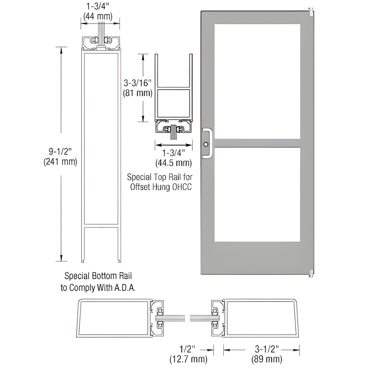 CRL-U.S. Aluminum Clear Anodized Custom Single Series 400 Medium Stile Offset Pivot Entrance Door With Panic for Overhead Concealed Door Closer