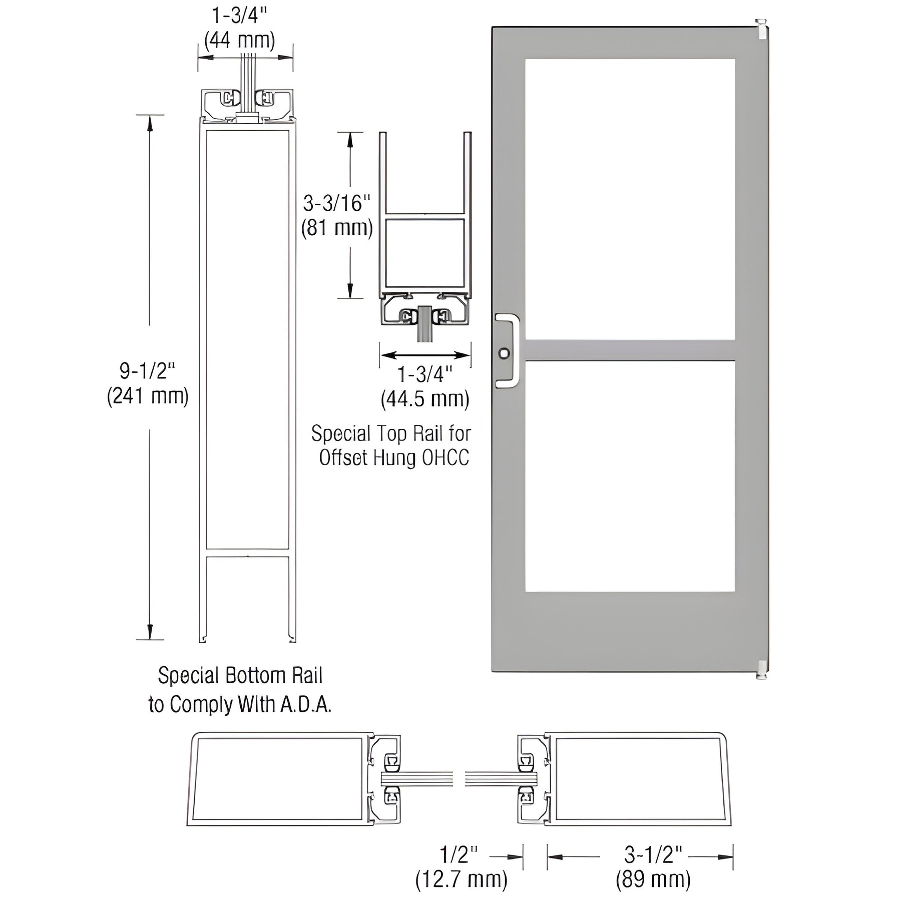 CRL-U.S. Aluminum Clear Anodized Custom Single Series 400 Medium Stile Offset Pivot Entrance Door With Panic for Overhead Concealed Door Closer