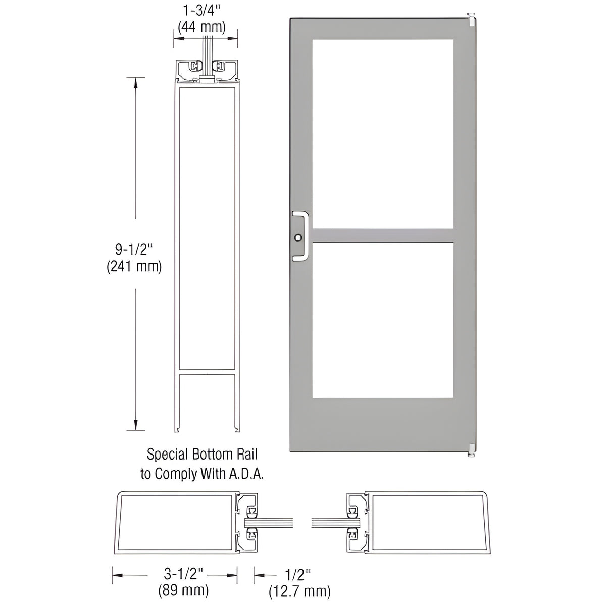 CRL-U.S. Aluminum Clear Anodized Custom Single Series 400 Medium Stile Offset Pivot Entrance Door With Panic for Surface Mount Door Closer