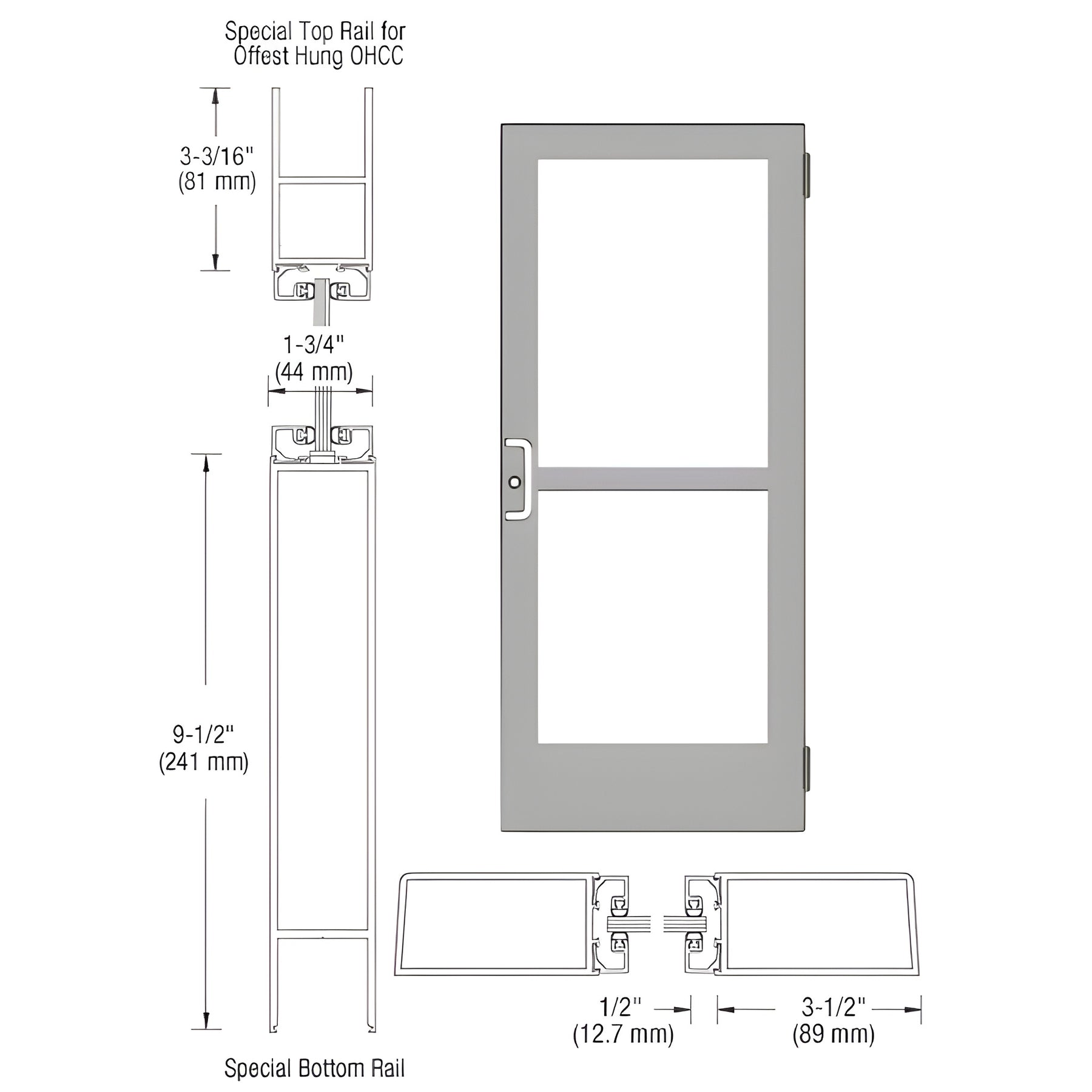 CRL-U.S. Aluminum Clear Anodized Custom Single Series 400 Medium Stile Butt Hinged Entrance Door With Panic for Overhead Concealed Door Closer