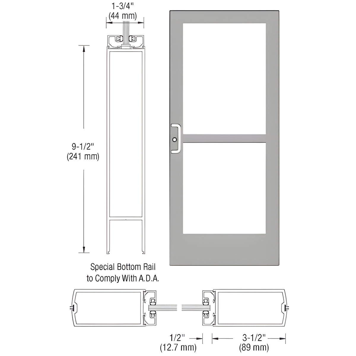 CRL-U.S. Aluminum Clear Anodized Custom Single Series 400 Medium Stile Center Pivot Entrance Door With Panic for Overhead Concealed Door Closer