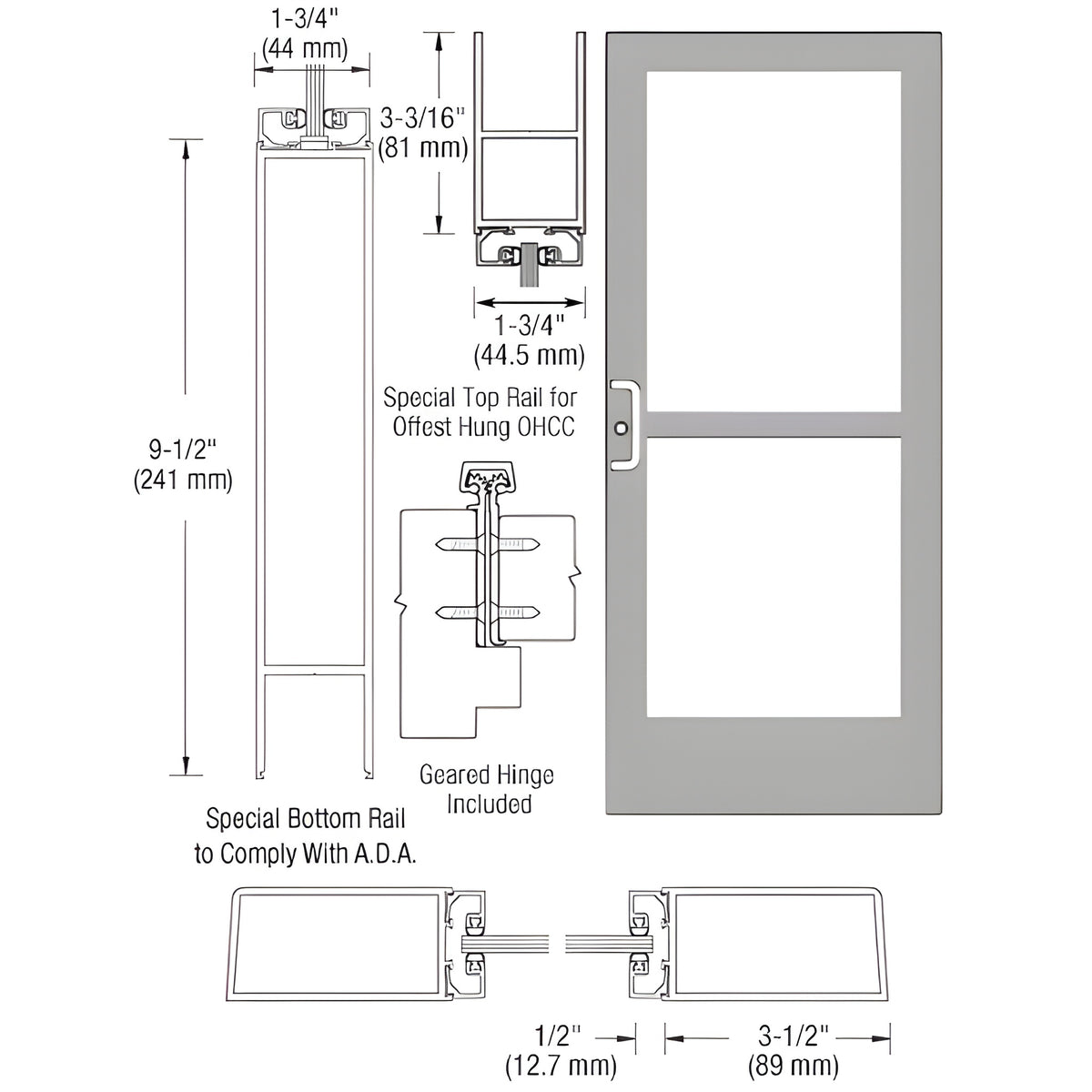 CRL-U.S. Aluminum Clear Anodized Custom Single Series 400 Medium Stile Geared Hinge Entrance Door With Panic for Overhead Concealed Door Closer