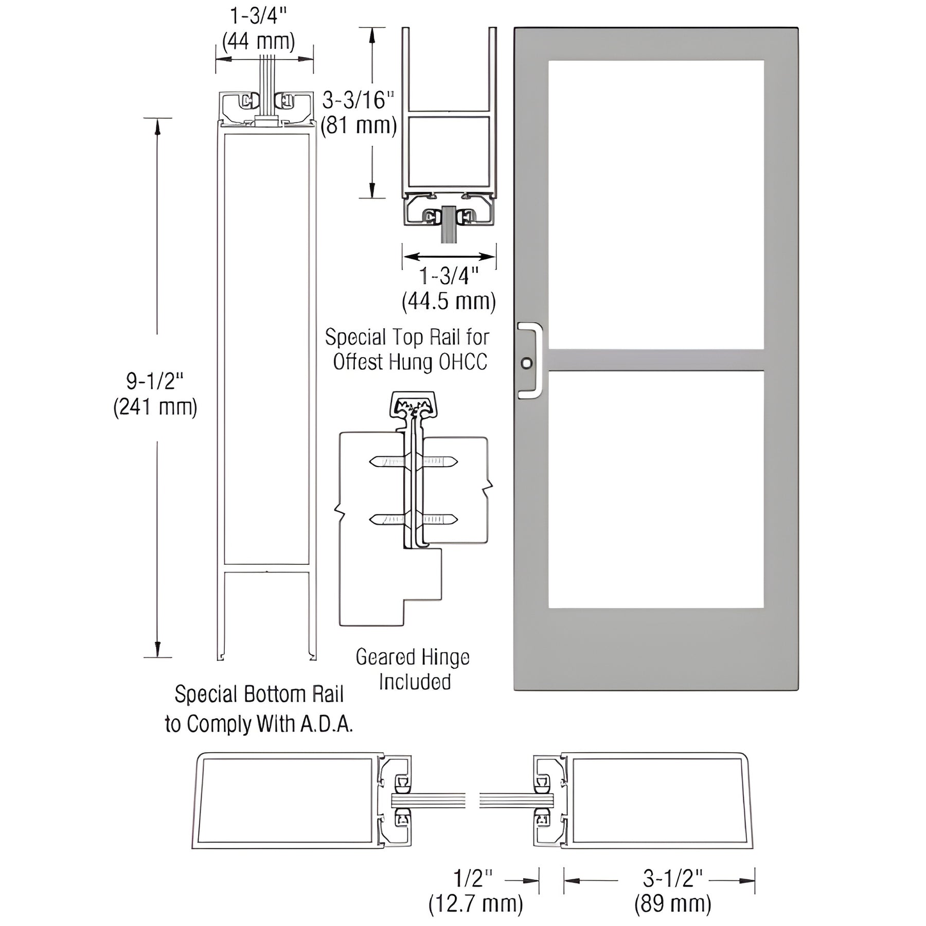 CRL-U.S. Aluminum Clear Anodized Custom Single Series 400 Medium Stile Geared Hinge Entrance Door With Panic for Overhead Concealed Door Closer