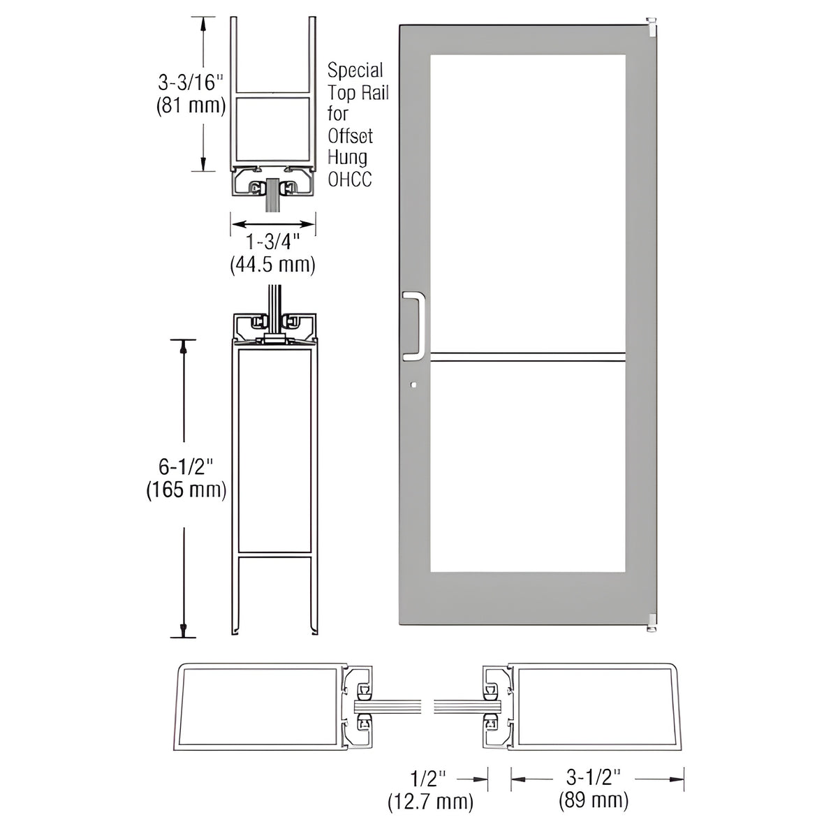 CRL-U.S. Aluminum Clear Anodized Custom Single Series 400 Medium Stile Offset Pivot Entrance Door for Overhead Concealed Door Closer