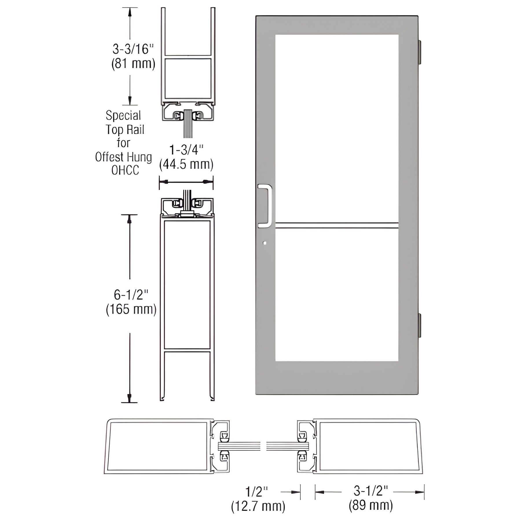 CRL-U.S. Aluminum Clear Anodized Custom Single Series 400 Medium Stile Butt Hinged Entrance Door for Overhead Concealed Door Closer