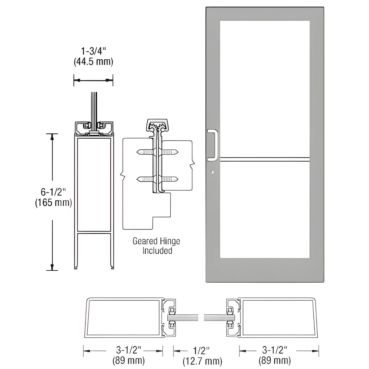 CRL-U.S. Aluminum Clear Anodized Custom Single Series 400 Medium Stile Geared Hinge Entrance Door for Surface Mount Door Closer