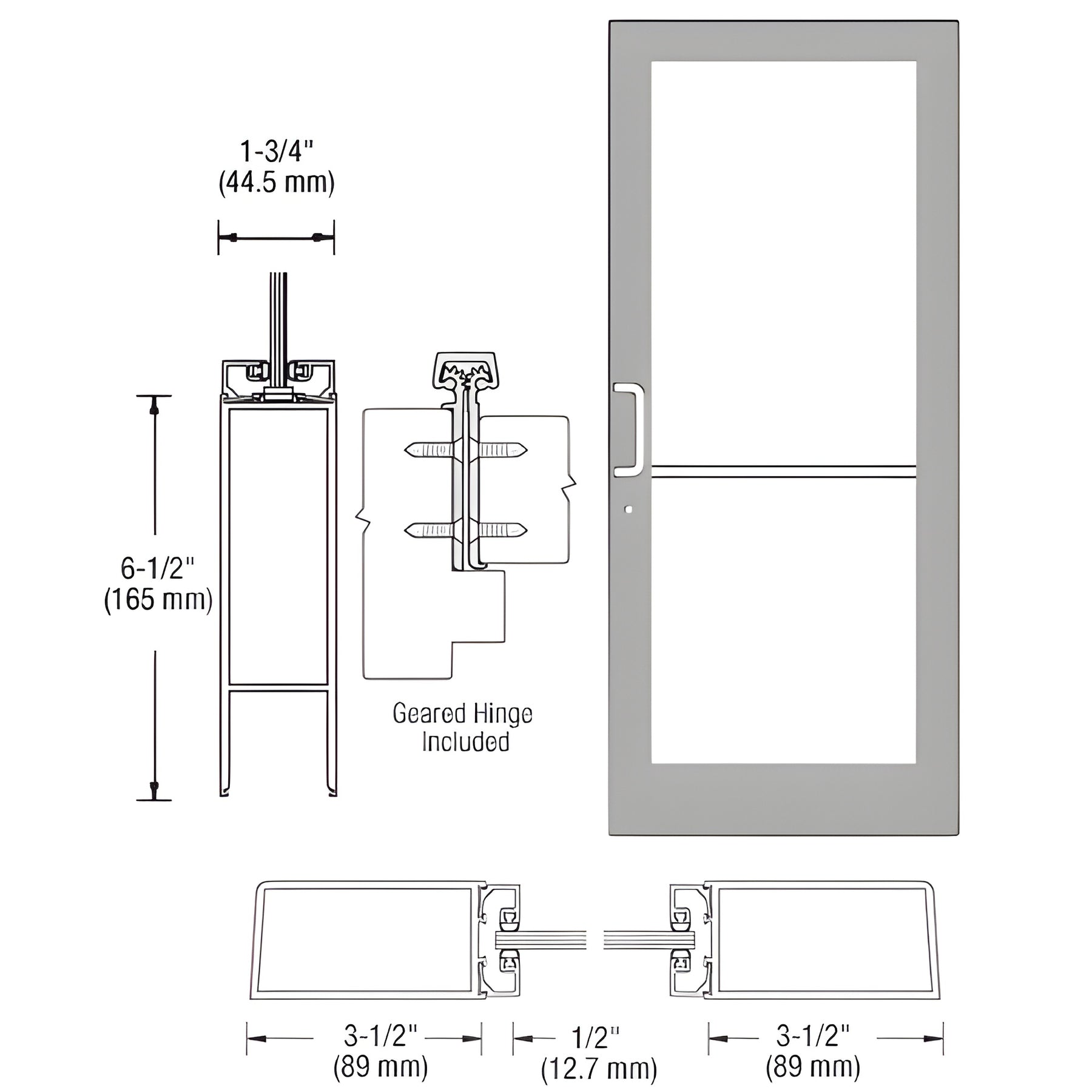 CRL-U.S. Aluminum Clear Anodized Custom Single Series 400 Medium Stile Geared Hinge Entrance Door for Surface Mount Door Closer