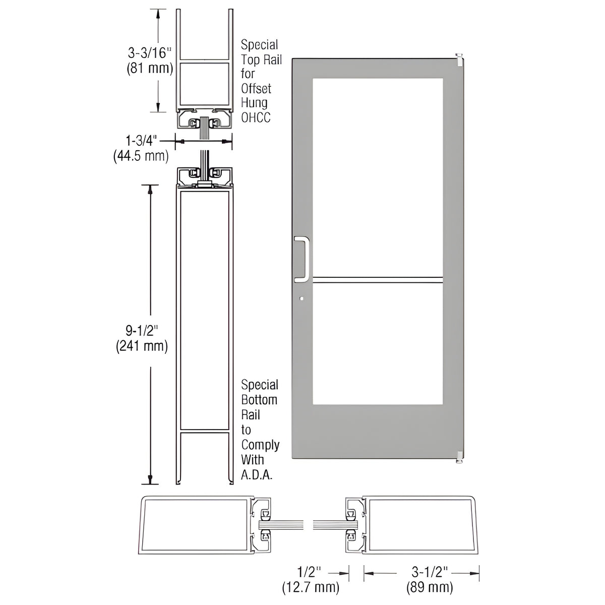 CRL-U.S. Aluminum Clear Anodized Custom Single Series 400 Medium Stile Offset Pivot Entrance Door for Overhead Concealed Door Closer