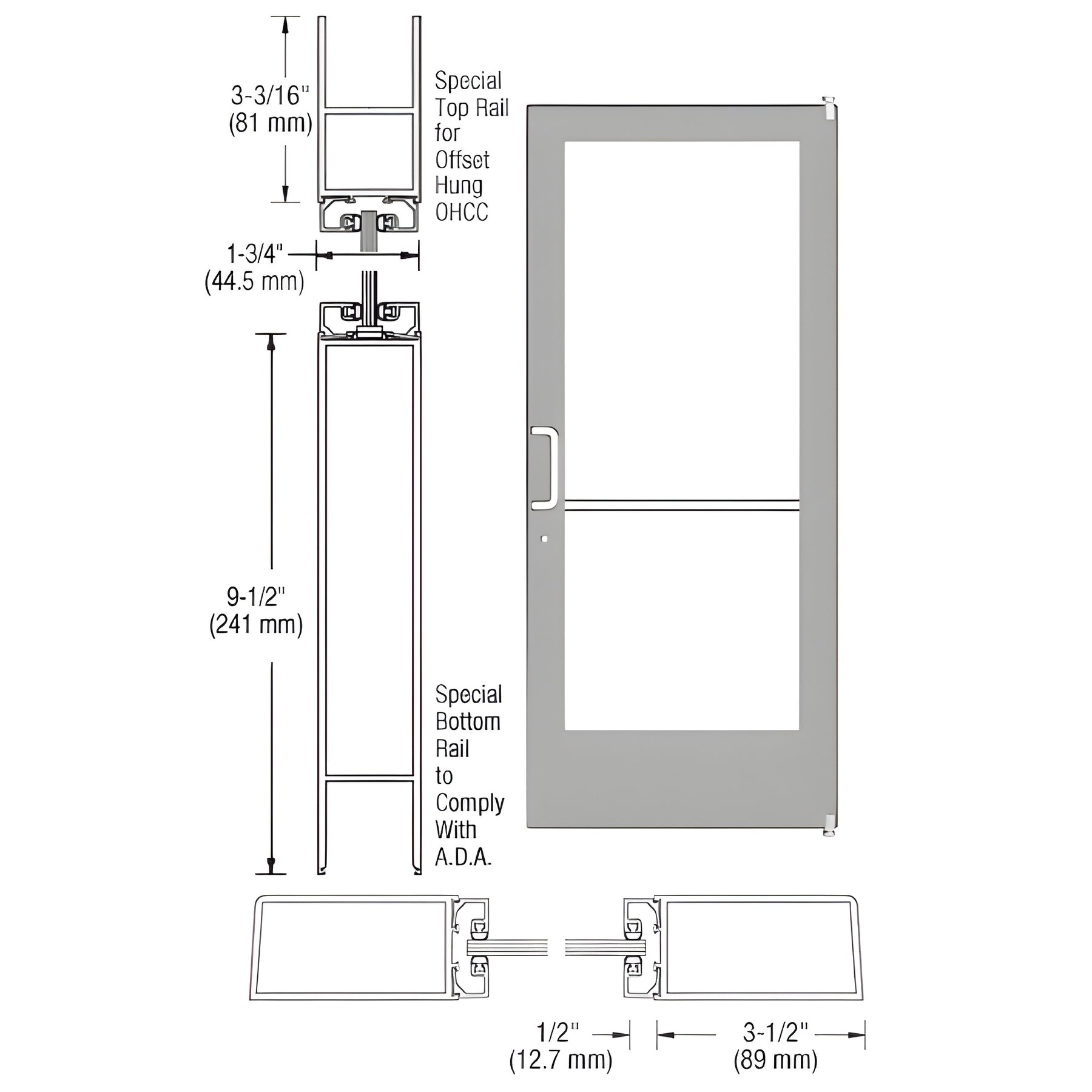 CRL-U.S. Aluminum Clear Anodized Custom Single Series 400 Medium Stile Offset Pivot Entrance Door for Overhead Concealed Door Closer