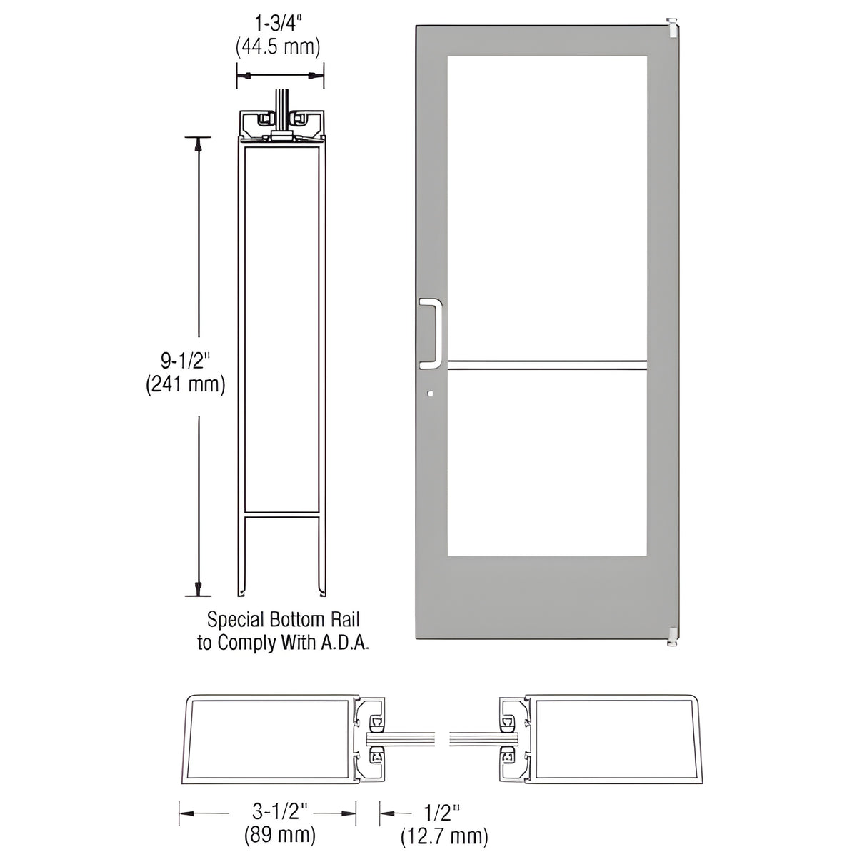 CRL-U.S. Aluminum Clear Anodized Custom Single Series 400 Medium Stile Offset Pivot Entrance Door for Surface Mount Door Closer