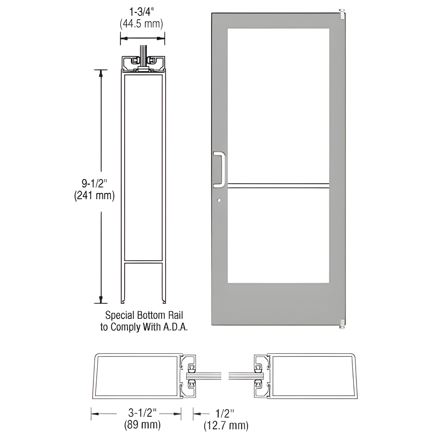 CRL-U.S. Aluminum Clear Anodized Custom Single Series 400 Medium Stile Offset Pivot Entrance Door for Surface Mount Door Closer
