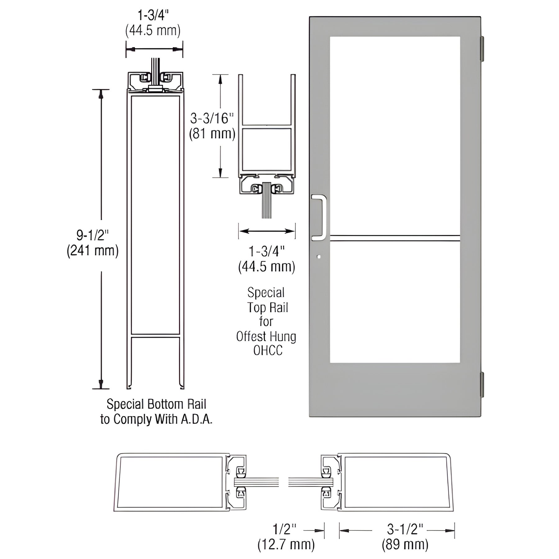 CRL-U.S. Aluminum Clear Anodized Custom Single Series 400 Medium Stile Butt Hinged Entrance Door for Overhead Concealed Door Closer