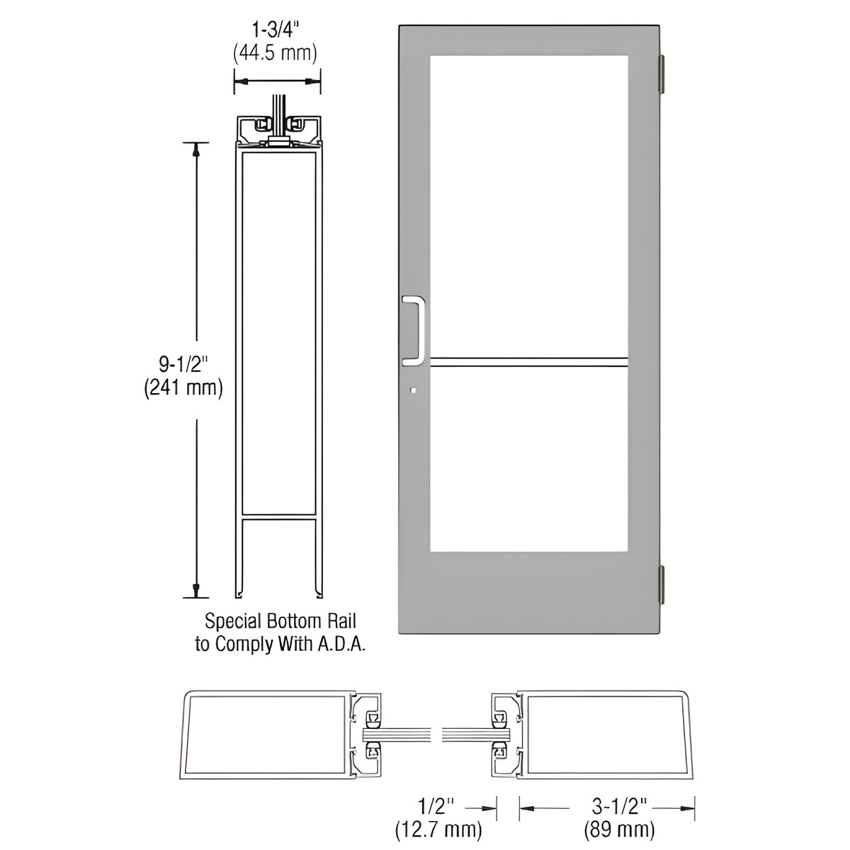 CRL-U.S. Aluminum Clear Anodized Custom Single Series 400 Medium Stile Butt Hinged Entrance Door for Surface Mount Door Closer