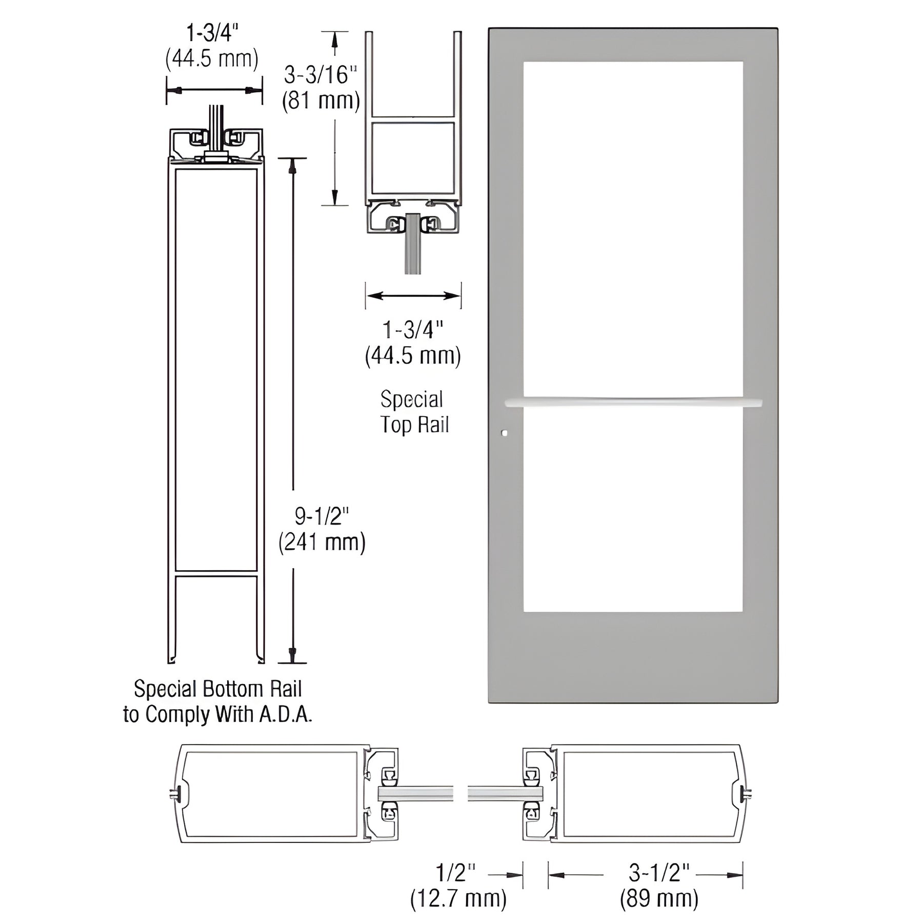 CRL-U.S. Aluminum Clear Anodized Custom Single Series 400 Medium Stile Center Pivot Entrance Door for Overhead Concealed Door Closer