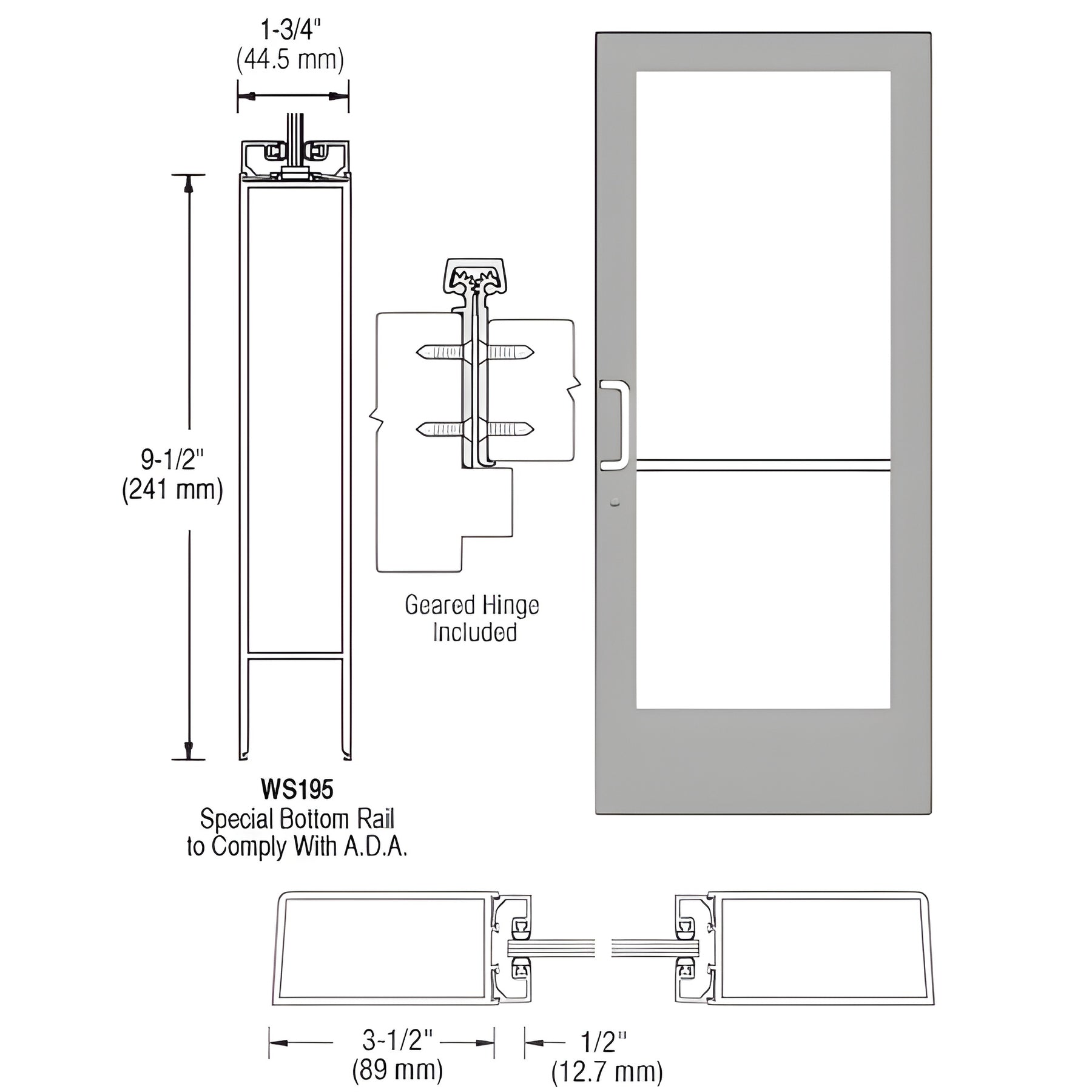 CRL-U.S. Aluminum Clear Anodized Custom Single Series 400 Medium Stile Offset Hung Geared Hinge Entrance Door for Surface Mount Closer