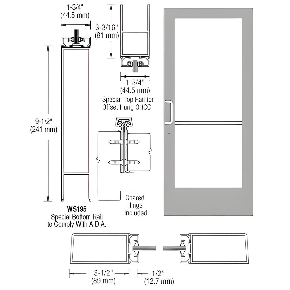 CRL-U.S. Aluminum Clear Anodized Custom Single Series 400 Medium Stile Offset Hung Geared Hinge Entrance Door for Overhead Concealed Door Closer