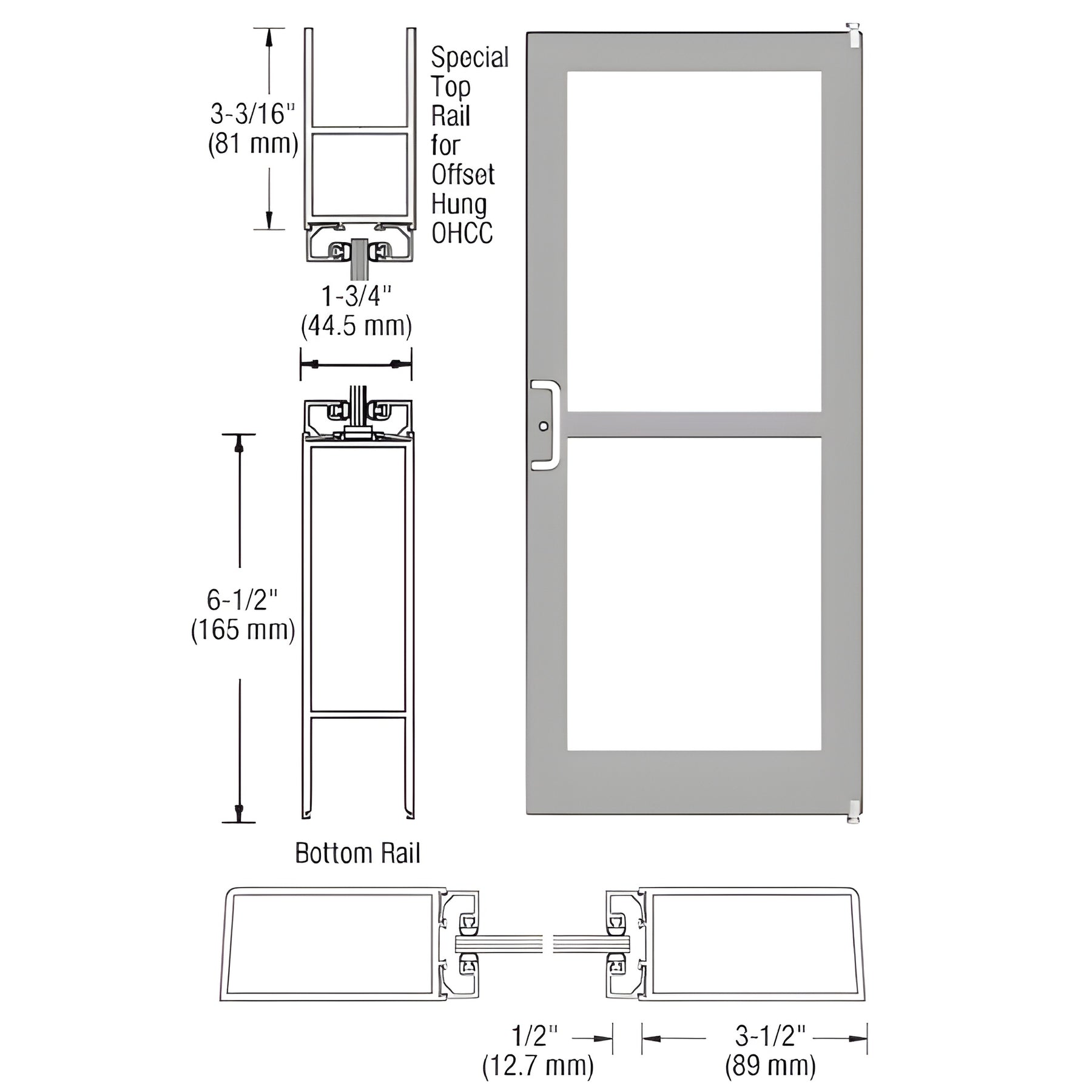 CRL-U.S. Aluminum Clear Anodized Custom Single Series 400 Medium Stile Offset Pivot Entrance Door For Panic and Overhead Concealed Door Closer