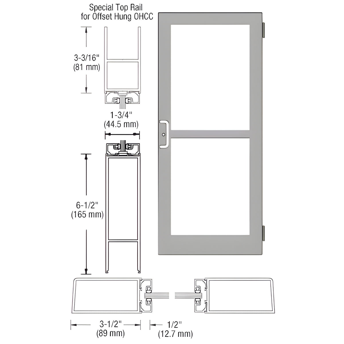 CRL-U.S. Aluminum Clear Anodized Custom Single Series 400 Medium Stile Butt Hinged Entrance Door for Panic and Overhead Concealed Door Closer