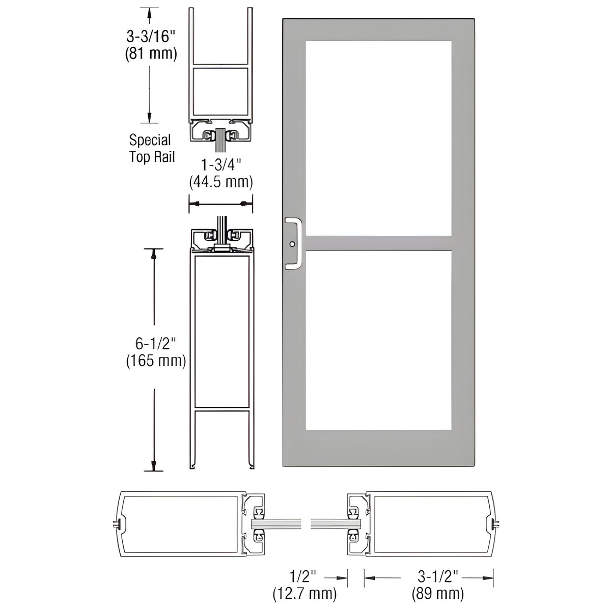 CRL-U.S. Aluminum Clear Anodized Custom Single Series 400 Medium Stile Center Pivot Entrance Door For Panic and Overhead Concealed Door Closer