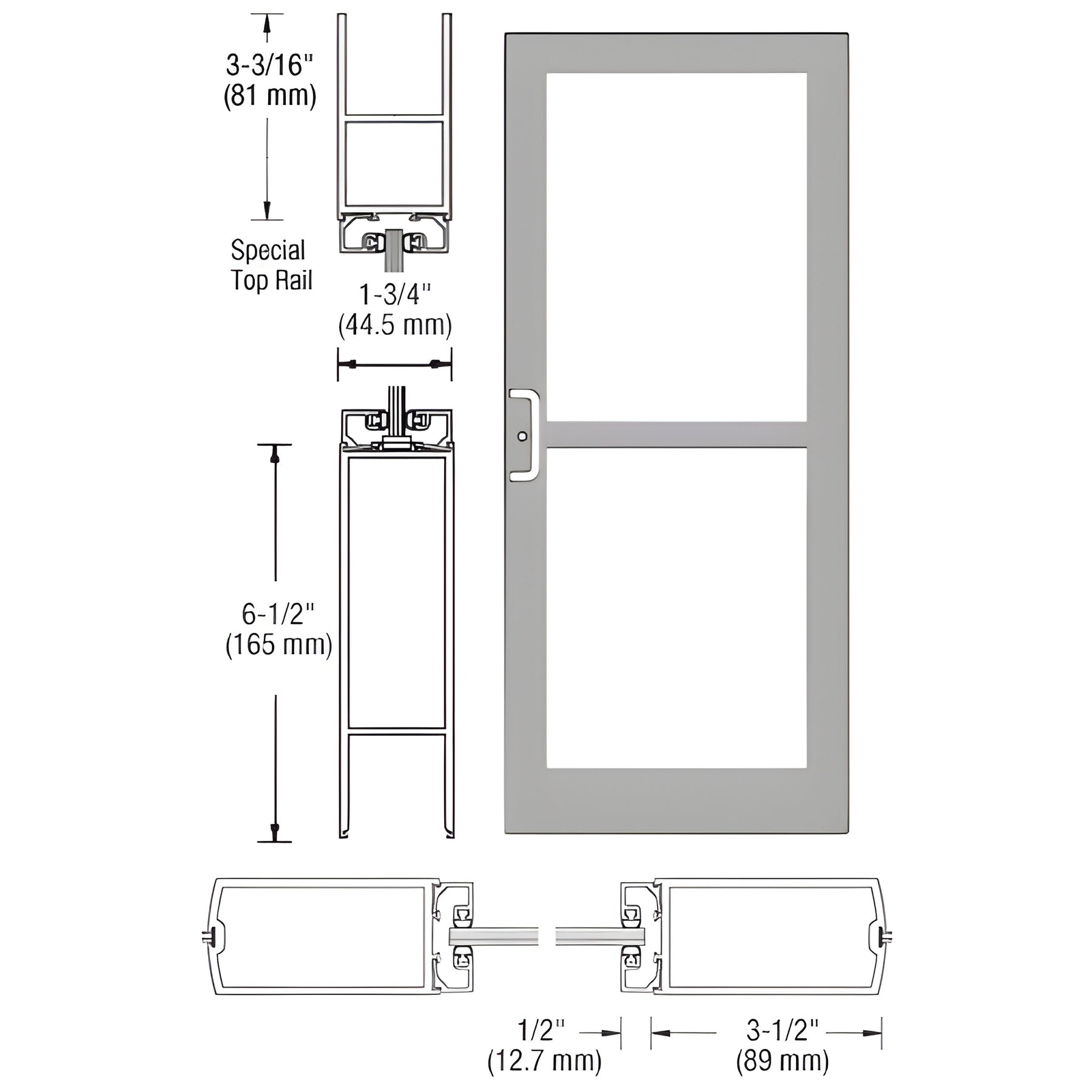 CRL-U.S. Aluminum Clear Anodized Custom Single Series 400 Medium Stile Center Pivot Entrance Door For Panic and Overhead Concealed Door Closer