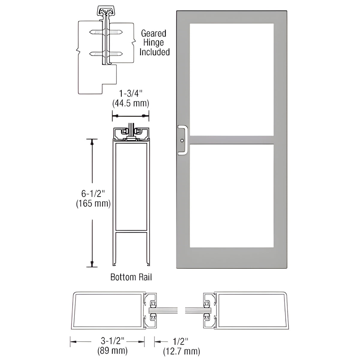 CRL-U.S. Aluminum Clear Anodized Custom Single Series 400 Medium Stile Offset Hung Geared Hinge Entrance Door For Panic and Surface Mount Door Closer