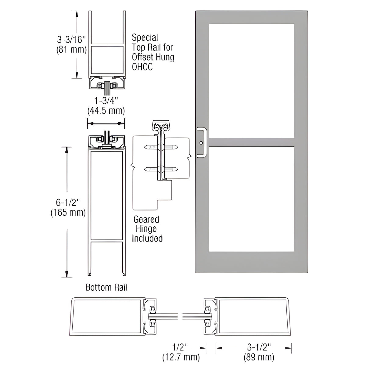 CRL-U.S. Aluminum Clear Anodized Custom Single Series 400 Medium Stile Offset Hung Geared Hinge Entrance Door For Panic and Overhead Concealed Door Closer