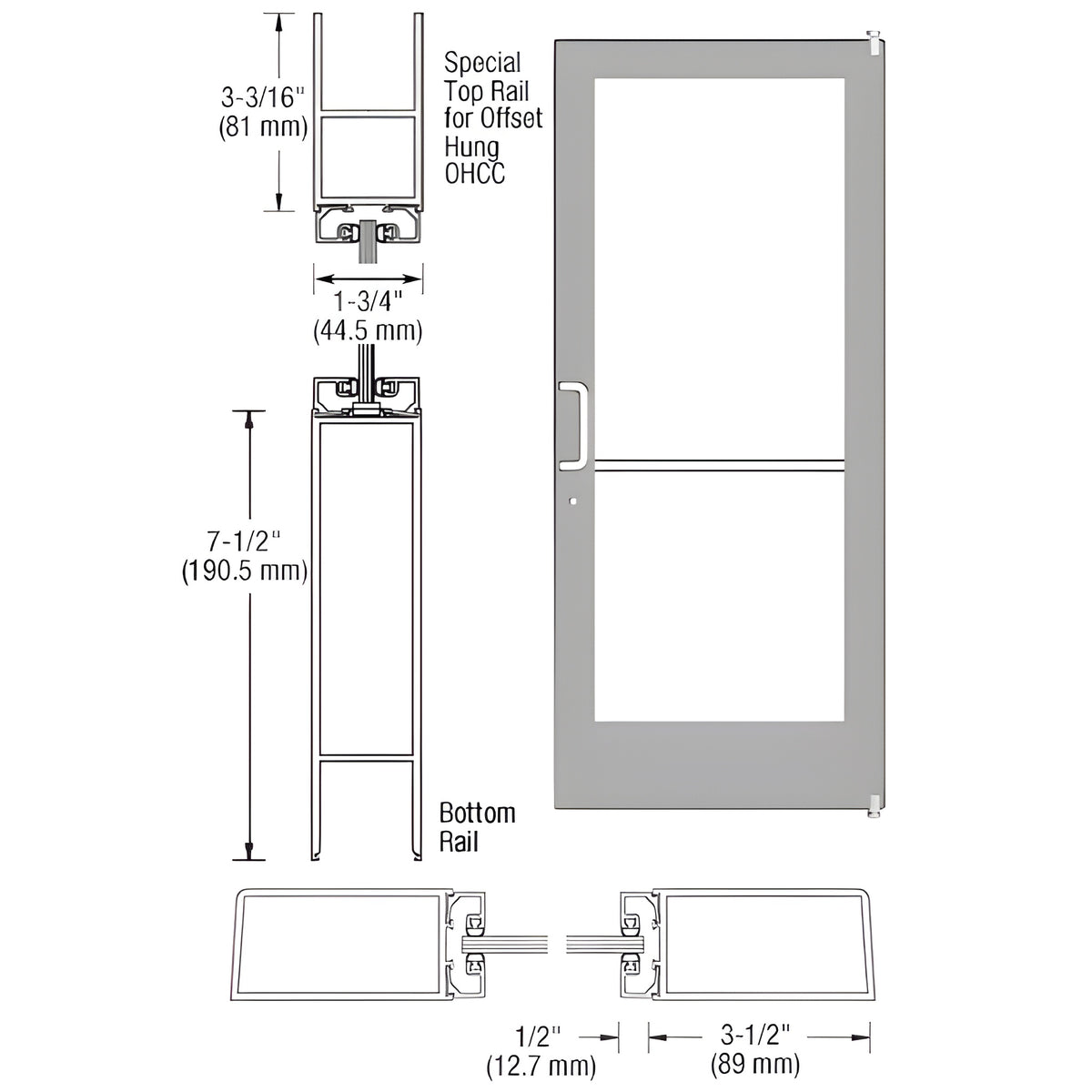 CRL-U.S. Aluminum Clear Anodized Custom Single Series 400 Medium Stile Offset Pivot Entrance Door for Overhead Concealed Door Closer