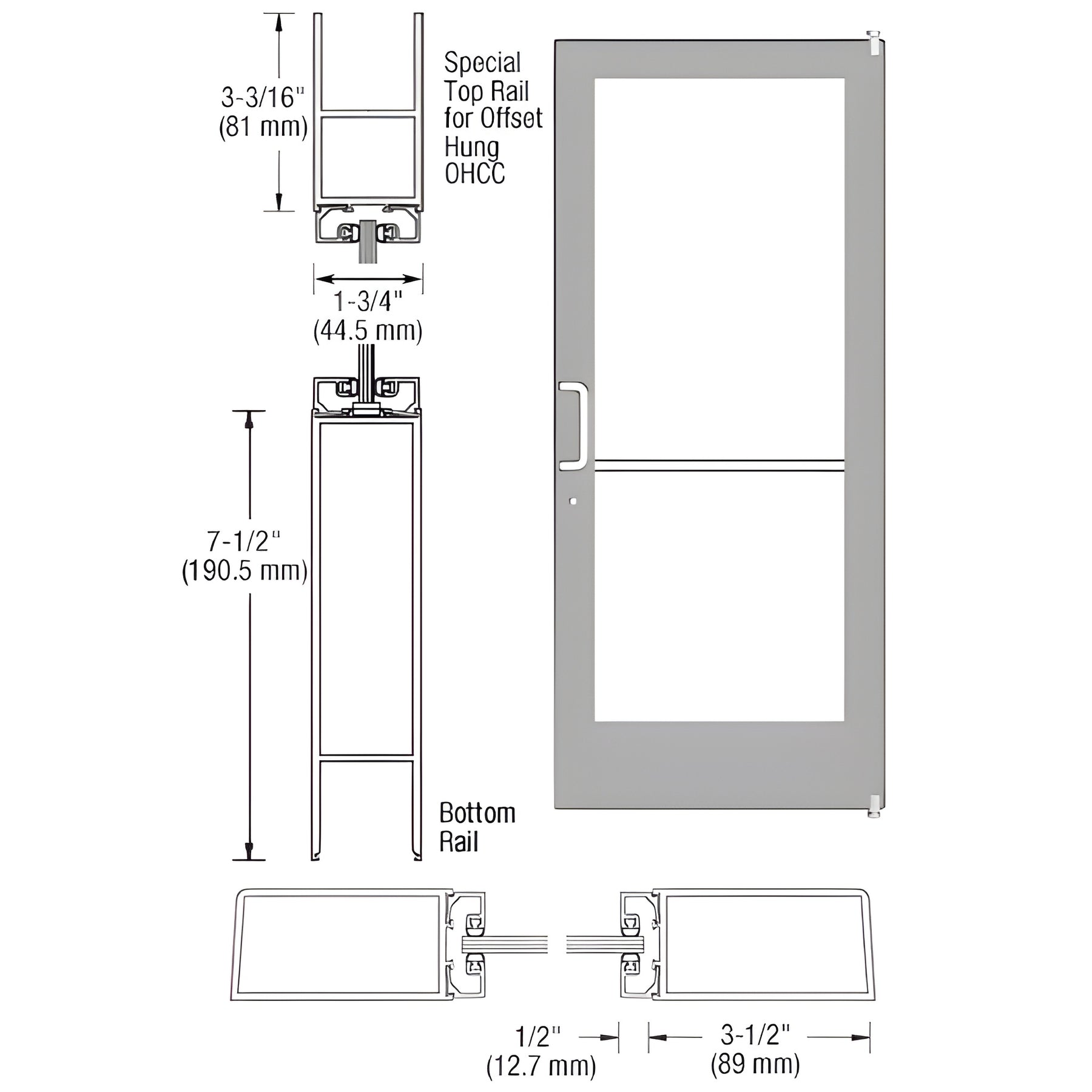 CRL-U.S. Aluminum Clear Anodized Custom Single Series 400 Medium Stile Offset Pivot Entrance Door for Overhead Concealed Door Closer