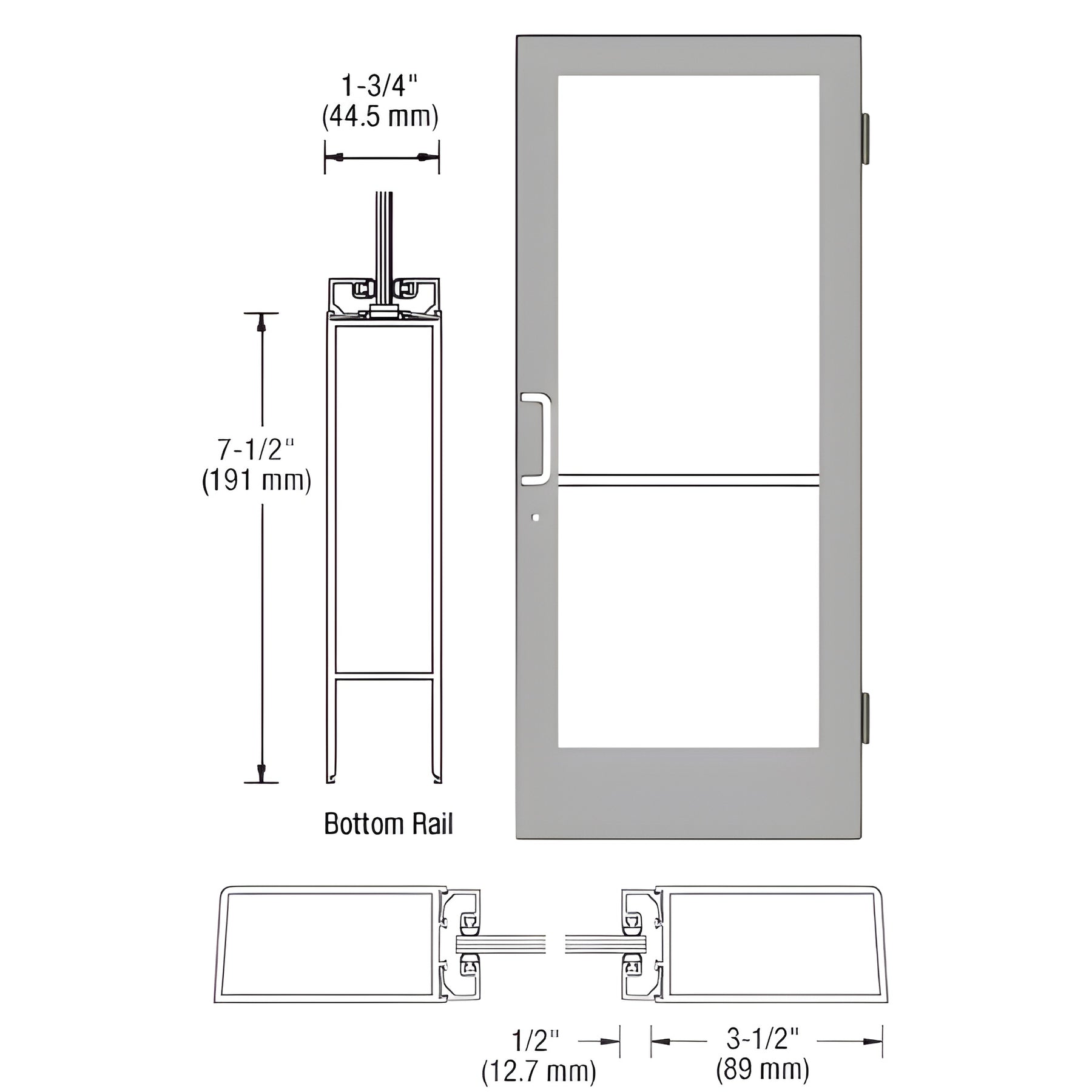CRL-U.S. Aluminum Clear Anodized Custom Single Series 400 Medium Stile Butt Hinged Entrance Door for Surface Mount Door Closer
