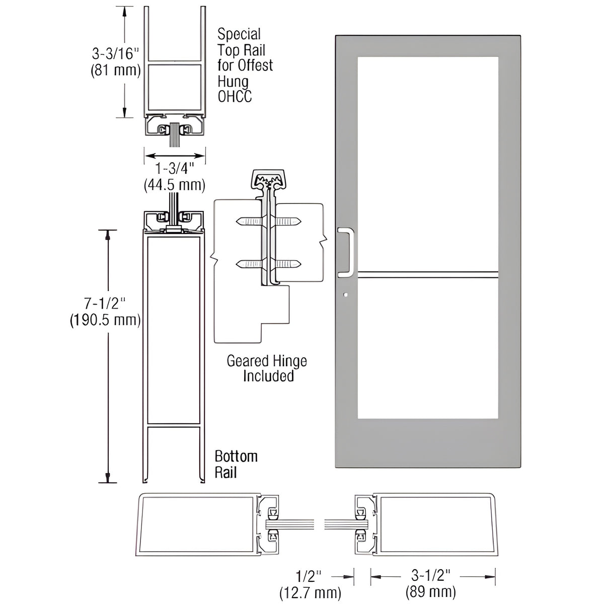 CRL-U.S. Aluminum Clear Anodized Custom Single Series 400 Medium Stile Geared Hinge Entrance Door for Overhead Concealed Door Closer