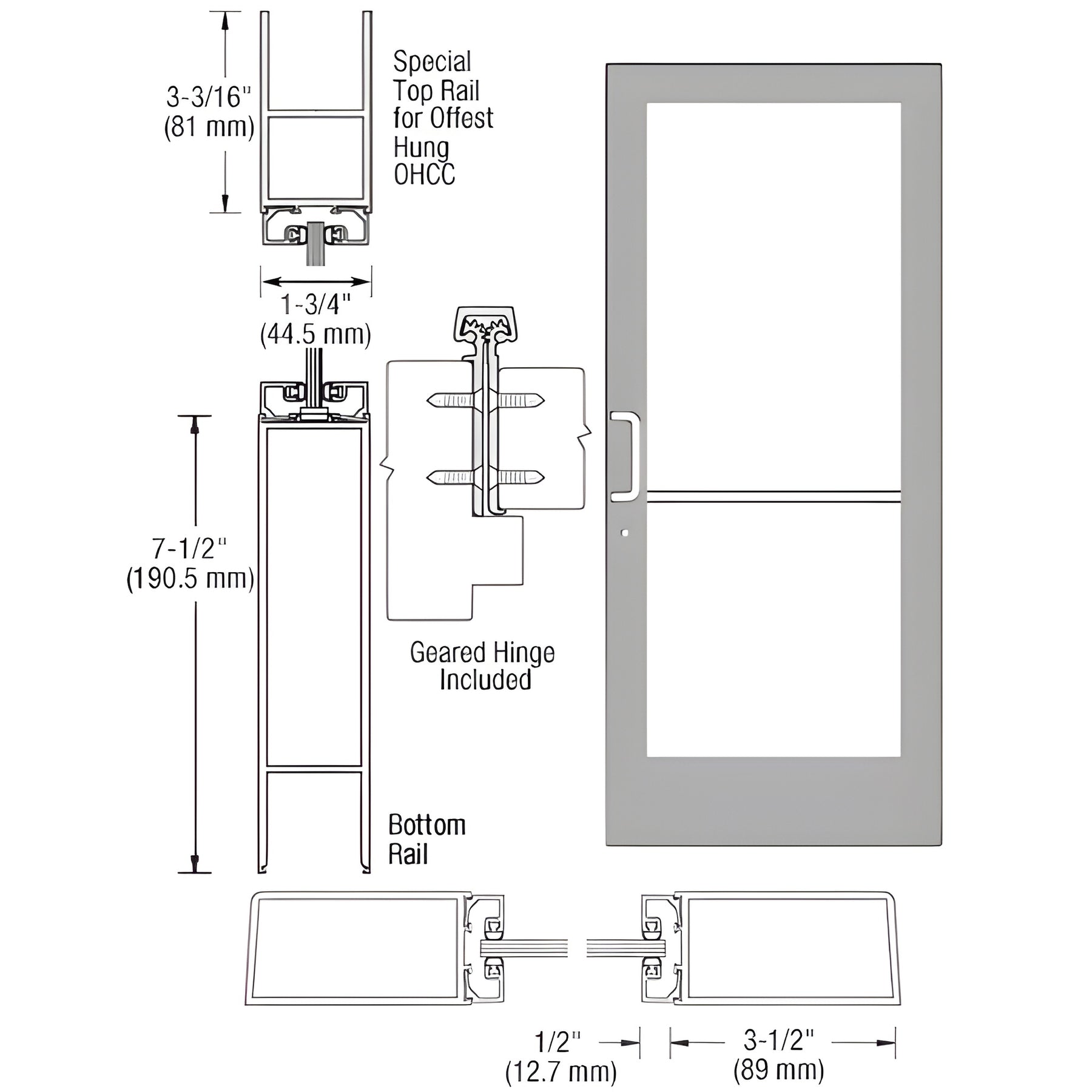 CRL-U.S. Aluminum Clear Anodized Custom Single Series 400 Medium Stile Geared Hinge Entrance Door for Overhead Concealed Door Closer