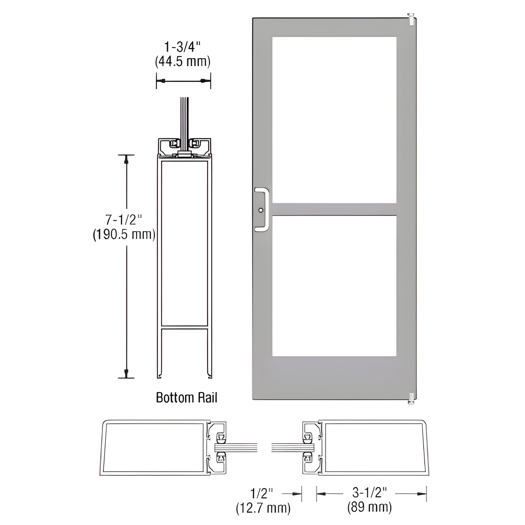 CRL-U.S. Aluminum Clear Anodized Custom Single Series 400 Medium Stile Offset Pivot Entrance Door With Panic for Surface Mount Door Closer