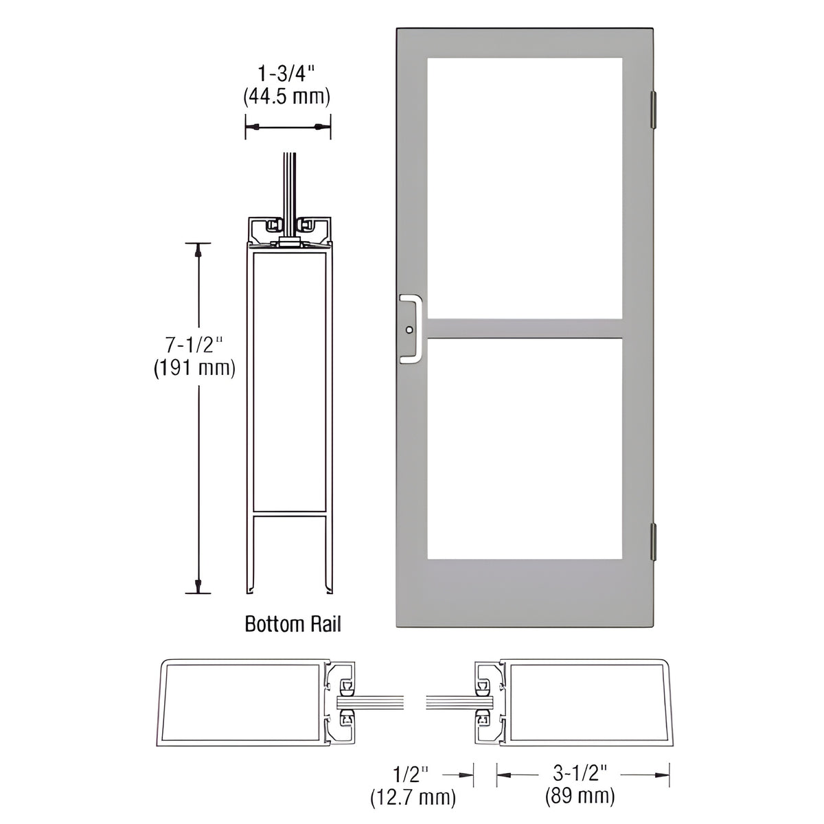 CRL-U.S. Aluminum Clear Anodized Custom Single Series 400 Medium Stile Butt Hinged Entrance Door With Panic for Surface Mount Door Closer