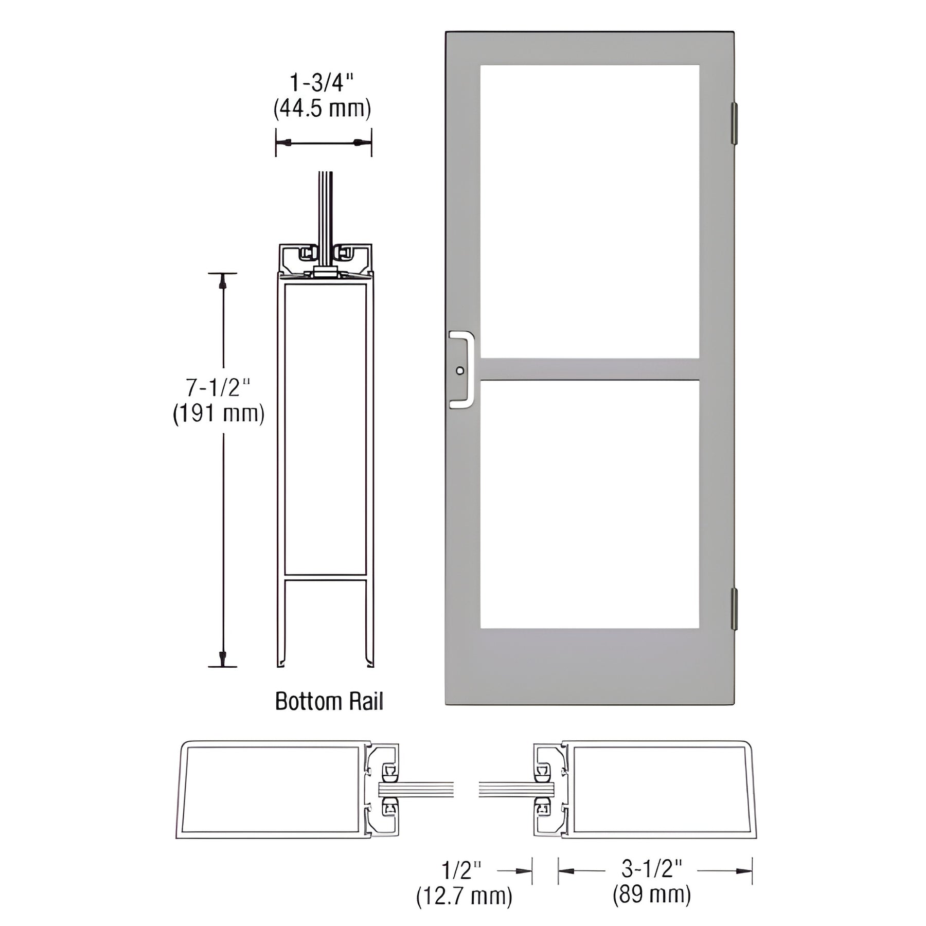 CRL-U.S. Aluminum Clear Anodized Custom Single Series 400 Medium Stile Butt Hinged Entrance Door With Panic for Surface Mount Door Closer