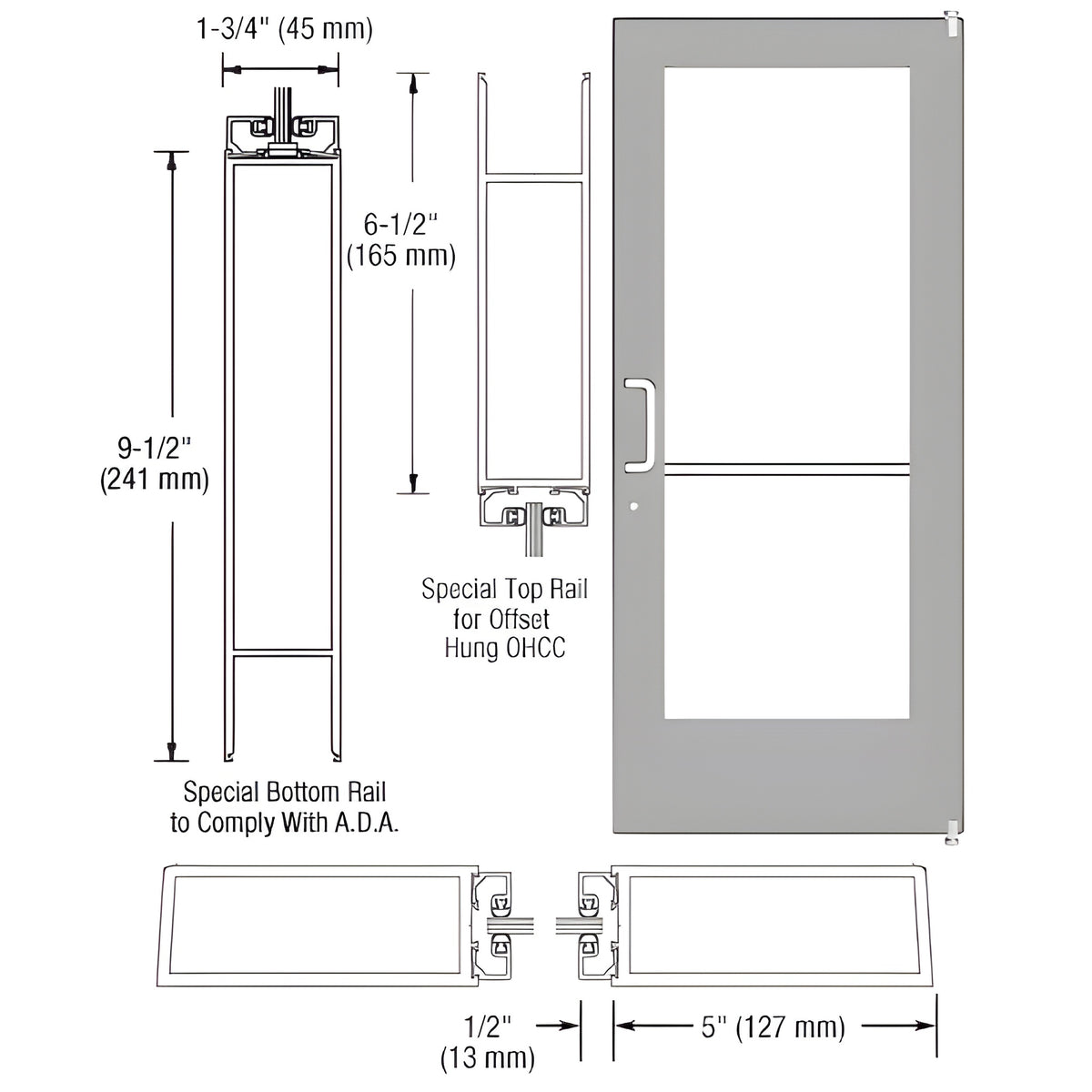 CRL-U.S. Aluminum Clear Anodized Custom Single Series 550 Wide Stile Offset Pivot Entrance Door for Overhead Concealed Door Closer